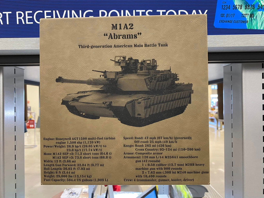 M1A2 Abrams MBT Wall Decor Laser Etched Leatherette 10